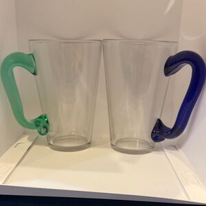 Vintage Glass Mugs with Green and Blue Handles